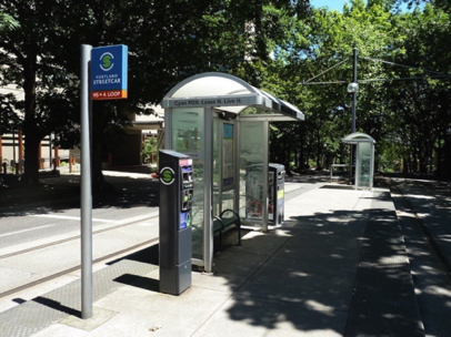 Typical Streetcar station — near Pettygrove Park and Lovejoy Fountain